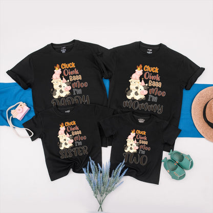 Farm 2nd Birthday Shirt for Boy or Girl: Cluck Oink Baa Moo I'm Two! Barnyard Animal Party Tee for Toddlers, Family Matching Farm Party