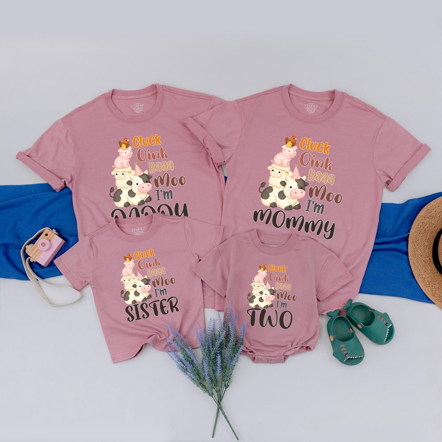 Farm 2nd Birthday Shirt for Boy or Girl: Cluck Oink Baa Moo I'm Two! Barnyard Animal Party Tee for Toddlers, Family Matching Farm Party