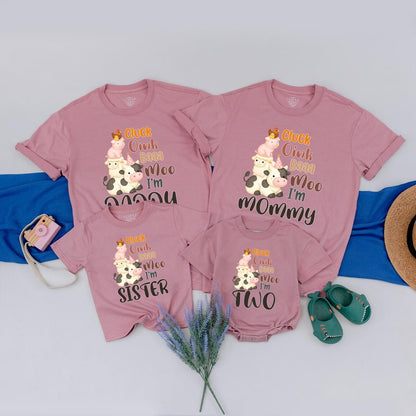 Farm 2nd Birthday Shirt for Boy or Girl: Cluck Oink Baa Moo I'm Two! Barnyard Animal Party Tee for Toddlers, Family Matching Farm Party