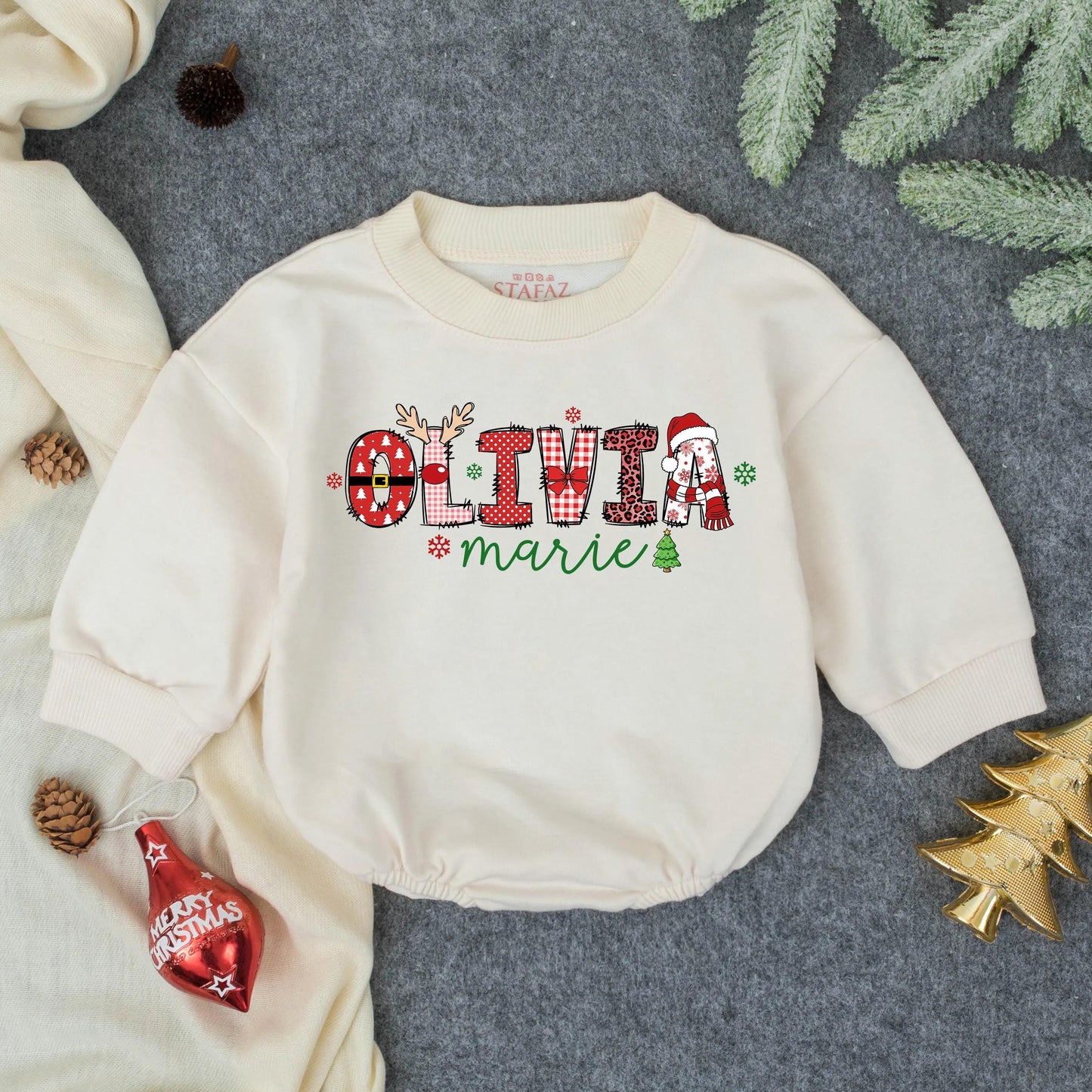 Personalized Olivia Marie First Christmas Bubble Romper Cute Baby Girl Holiday Outfit Infant Toddler Santa Gift