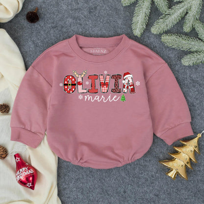 Personalized Olivia Marie First Christmas Bubble Romper Cute Baby Girl Holiday Outfit Infant Toddler Santa Gift