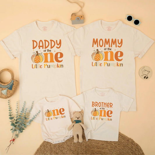 One Little Pumpkin Matching Family Shirts, Orange 1st Birthday Outfit, Mommy Daddy & Brother, Fall Pumpkin Patch Party, Cute Autumn Theme, Dot Stripes (138)