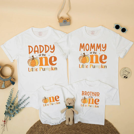 One Little Pumpkin Matching Family Shirts, Orange 1st Birthday Outfit, Mommy Daddy & Brother, Fall Pumpkin Patch Party, Cute Autumn Theme, Dot Stripes (138)