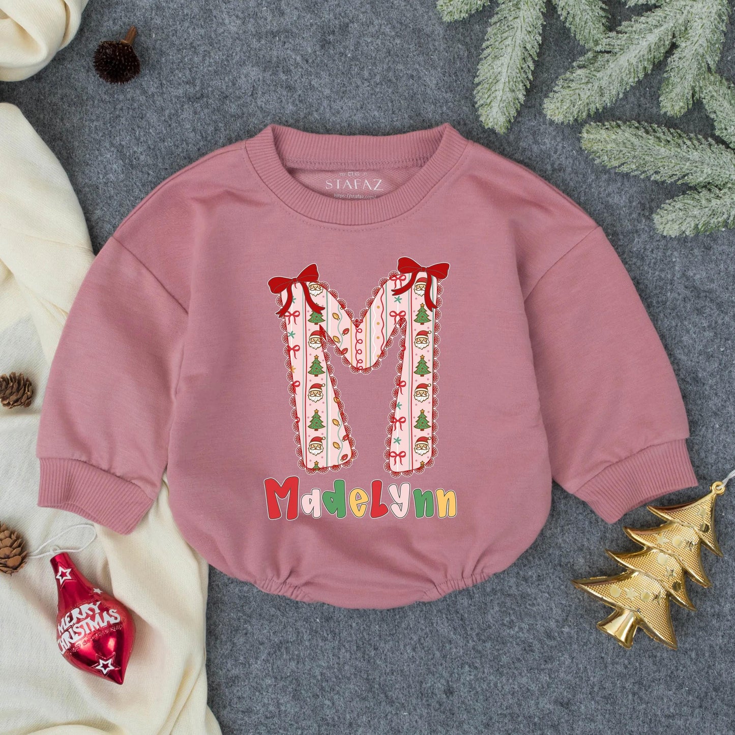 Personalized Pink Christmas 'M' Bubble Romper Girl Whimsical Santa Tree Pattern Lacy Trim Madelynn First Christmas Infant Toddler Outfit