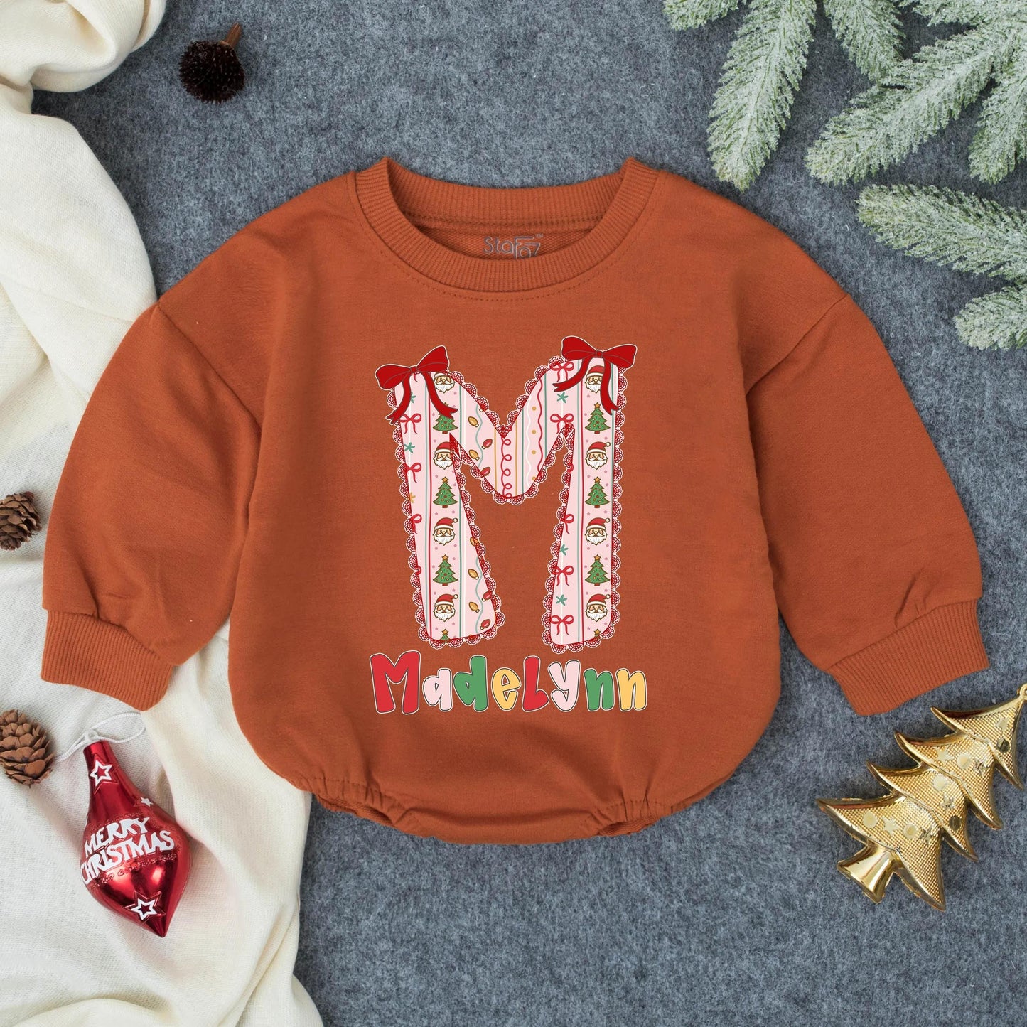 Personalized Pink Christmas 'M' Bubble Romper Girl Whimsical Santa Tree Pattern Lacy Trim Madelynn First Christmas Infant Toddler Outfit