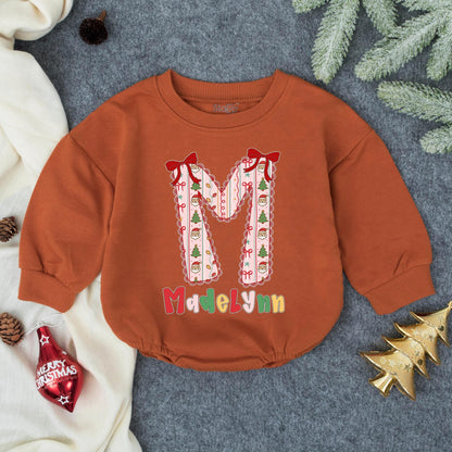 Personalized Pink Christmas 'M' Bubble Romper Girl Whimsical Santa Tree Pattern Lacy Trim Madelynn First Christmas Infant Toddler Outfit