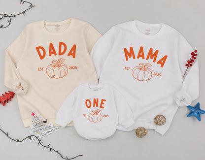 Matching Family Pumpkin Sweatshirts: Dada, Mama, Sister, One - Cute Fall Outfits Est. 2025 - Baby Romper, Thanksgiving Sweaters, Cozy Autumn Style