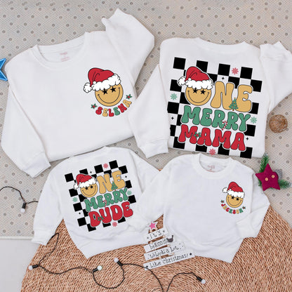 Matching One Merry Dude & Mama Christmas Sweatshirts with Star-Eyed Smiley Faces, Checkered Holiday Family Outfit, Baby Xmas Gift