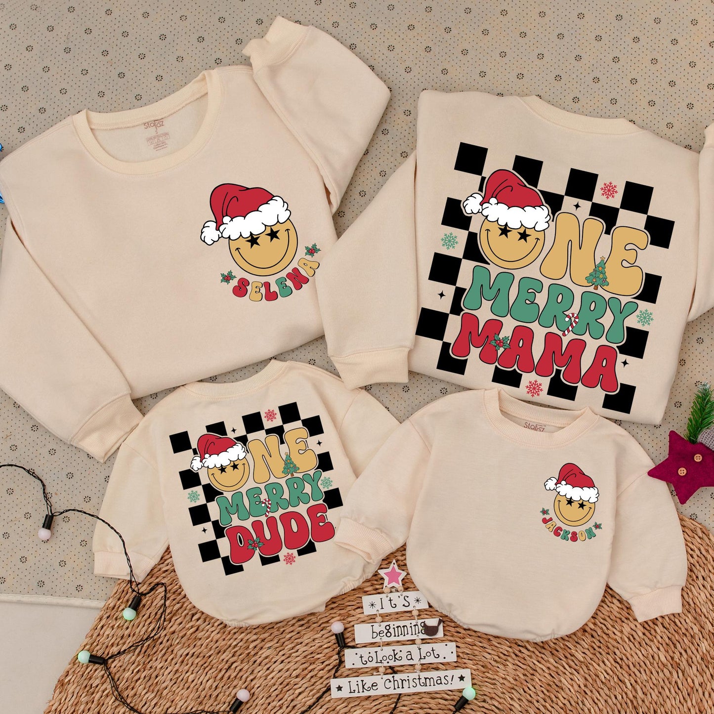 Matching One Merry Dude & Mama Christmas Sweatshirts with Star-Eyed Smiley Faces, Checkered Holiday Family Outfit, Baby Xmas Gift