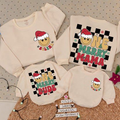 Matching One Merry Dude & Mama Christmas Sweatshirts with Star-Eyed Smiley Faces, Checkered Holiday Family Outfit, Baby Xmas Gift