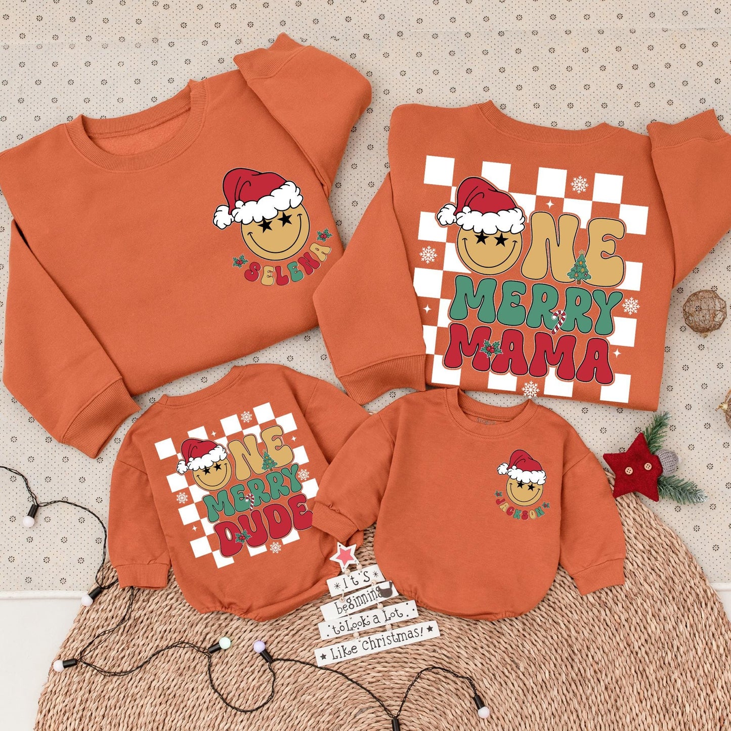 Matching One Merry Dude & Mama Christmas Sweatshirts with Star-Eyed Smiley Faces, Checkered Holiday Family Outfit, Baby Xmas Gift