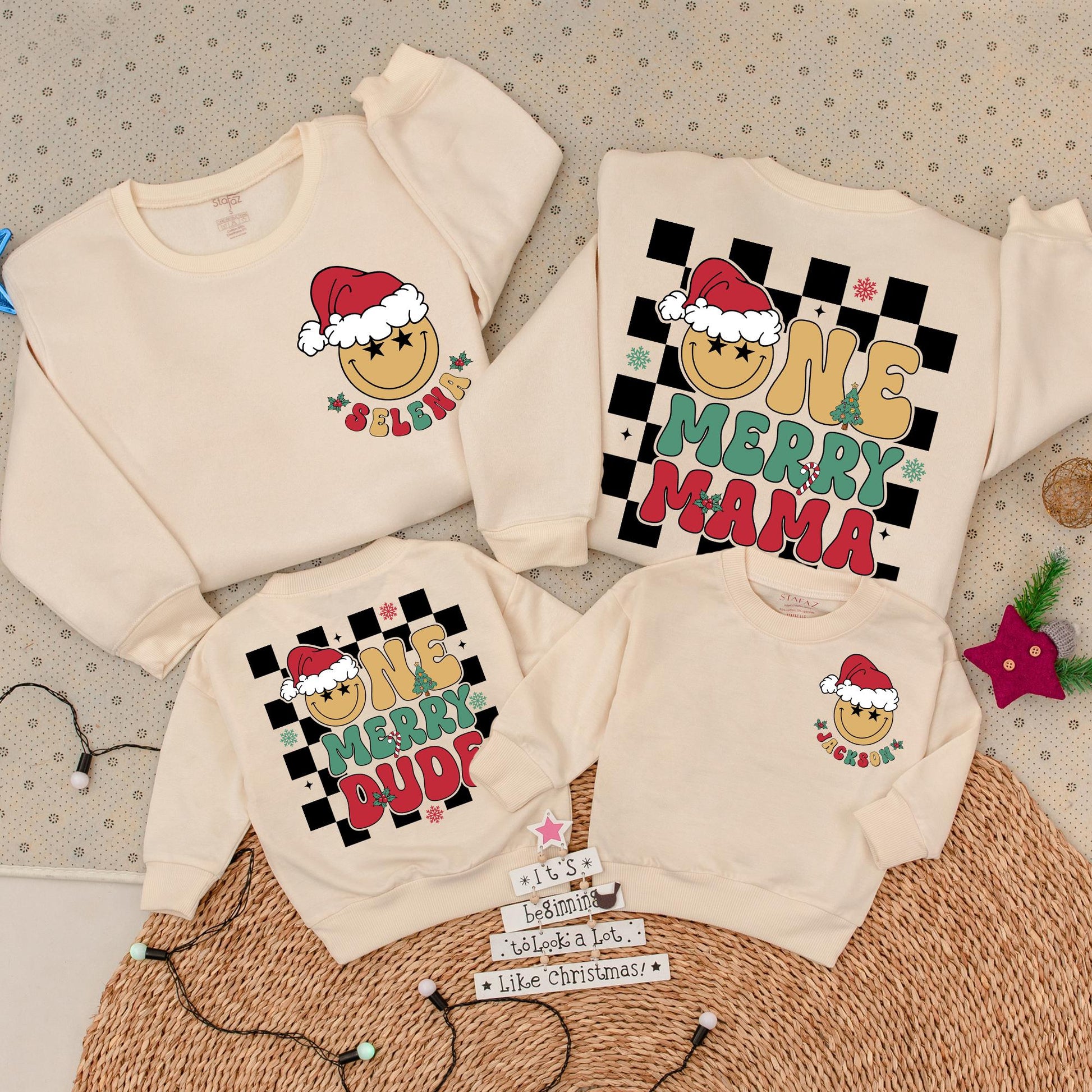 Matching One Merry Dude & Mama Christmas Sweatshirts with Star-Eyed Smiley Faces, Checkered Holiday Family Outfit, Baby Xmas Gift