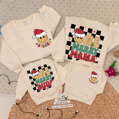 Matching One Merry Dude & Mama Christmas Sweatshirts with Star-Eyed Smiley Faces, Checkered Holiday Family Outfit, Baby Xmas Gift