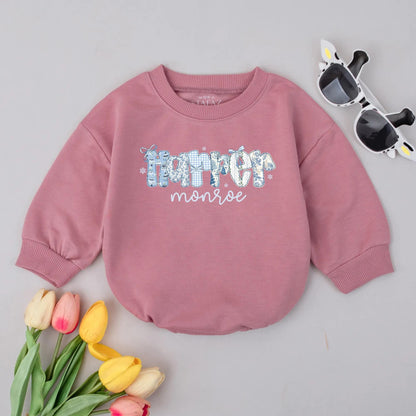 Personalized Preppy Christmas Romper Blue Hamper Name Snowflakes Baby's First Winter Bodysuit 1st Xmas Gift Monogrammed Toddler Outfit