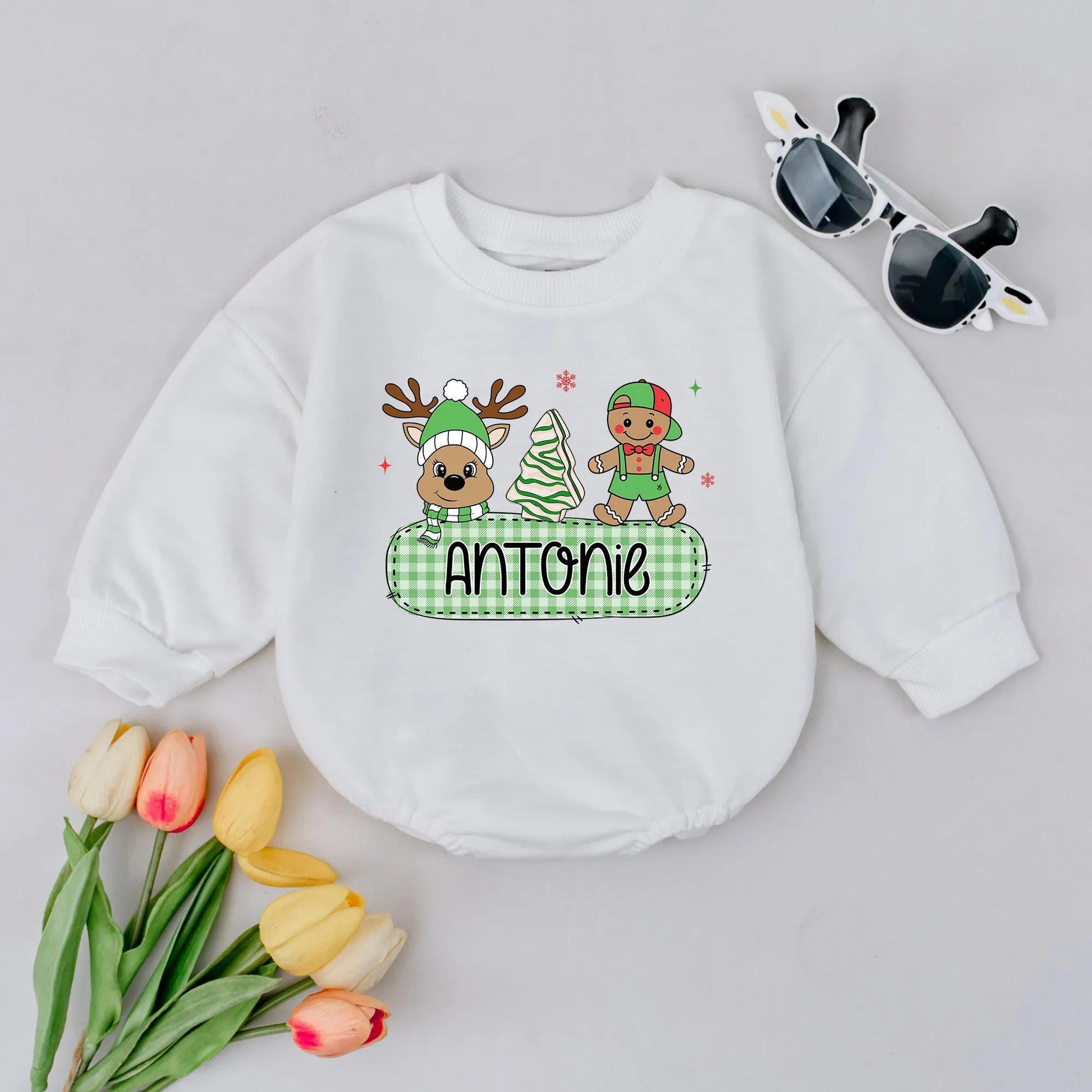 Caroline's Christmas Reindeer Romper, Baby Girl Custom Name Gingerbread Bodysuit, Infant Xmas Gift, Toddler Clothes