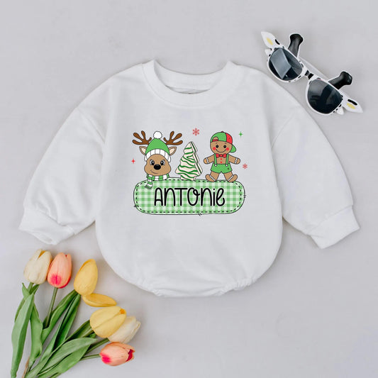 Caroline's Christmas Reindeer Romper, Baby Girl Custom Name Gingerbread Bodysuit, Infant Xmas Gift, Toddler Clothes