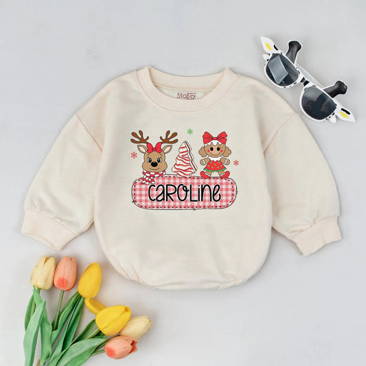 Caroline's Christmas Reindeer Romper, Baby Girl Custom Name Gingerbread Bodysuit, Infant Xmas Gift, Toddler Clothes