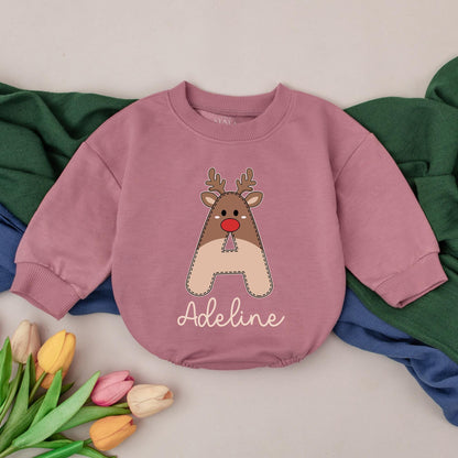 Personalized Adeline Reindeer Christmas Bubble Romper Baby Girl Outfit Custom Name Xmas Bodysuit Newborn Winter Gift