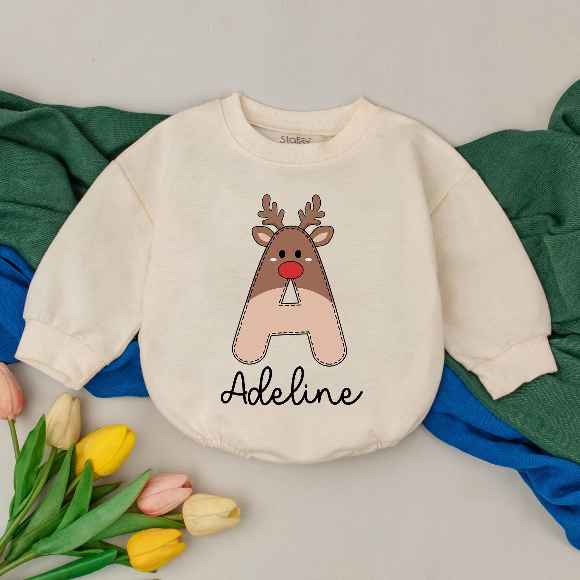 Personalized Adeline Reindeer Christmas Bubble Romper Baby Girl Outfit Custom Name Xmas Bodysuit Newborn Winter Gift