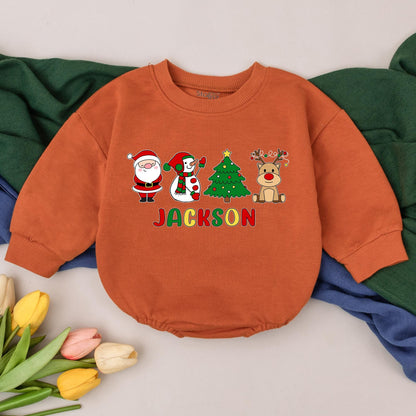 Jackson's First Christmas Bubble Romper Baby Boy Girl with Santa Snowman Tree Reindeer Design Red Green Yellow Colors Joyful Childlike Style