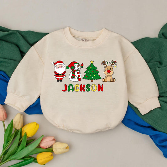 Jackson's First Christmas Bubble Romper Baby Boy Girl with Santa Snowman Tree Reindeer Design Red Green Yellow Colors Joyful Childlike Style