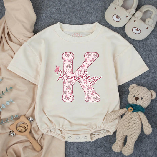 Personalized Girl Kinsley Initial Bubble Romper Pink Bows Stars Butterfly Custom Name Baby Shower Gift Toddler Birthday Outfit Soft Cotton