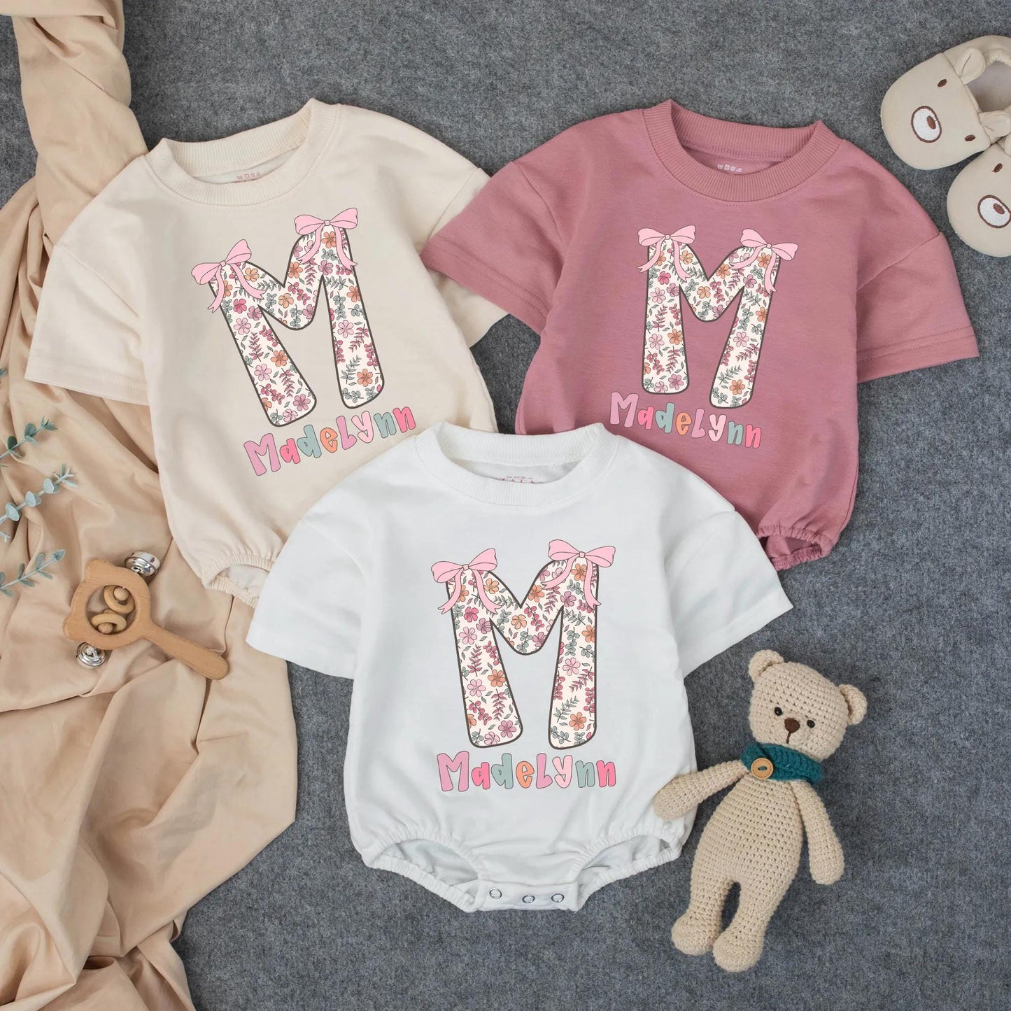 Custom Floral M Name Madelynn Romper Baby Girl Pastel Flowers Personalized Summer Outfit Infant Toddler Clothes Baby Shower Gift