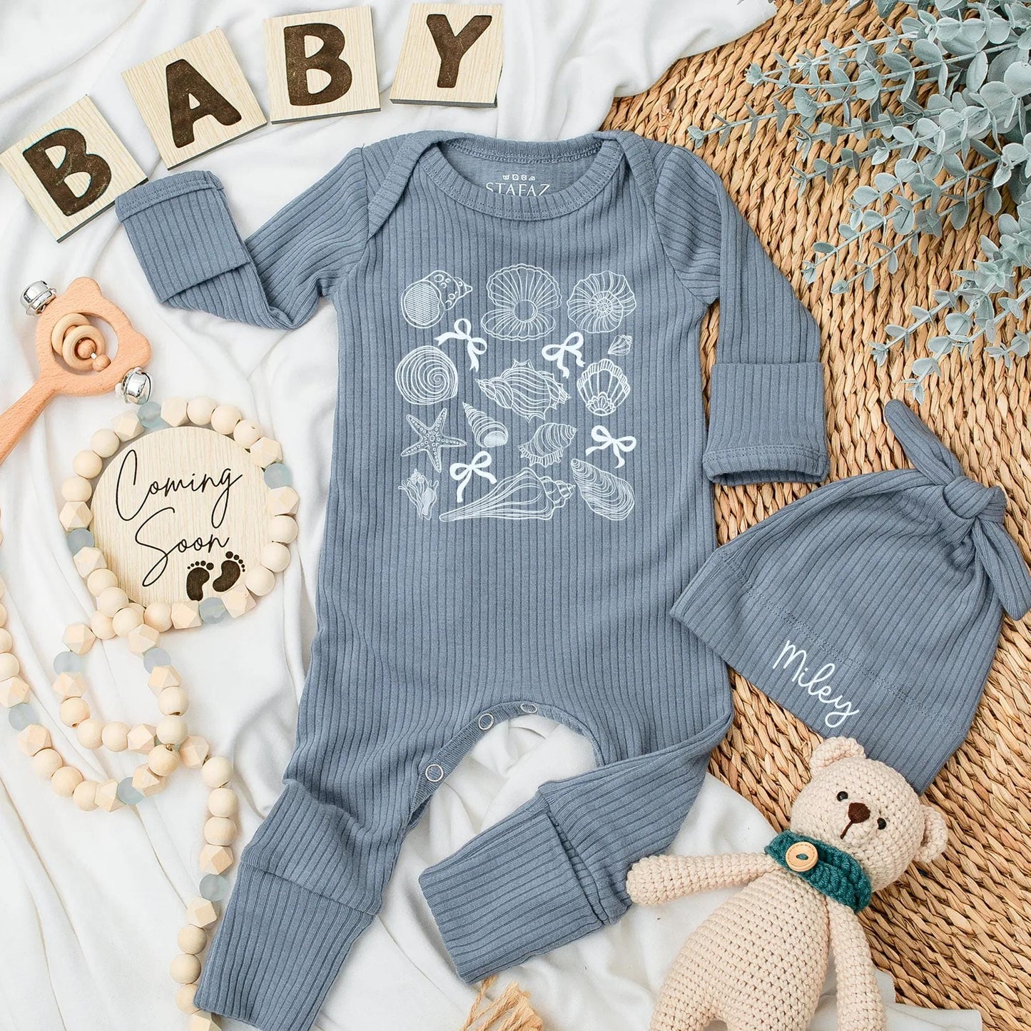 Personalized Light Blue Shells Bows Beach Baby Bodysuit Ocean Theme Newborn Girl Coming Home Romper Hand-Drawn Vintage Coastal Shower Gift