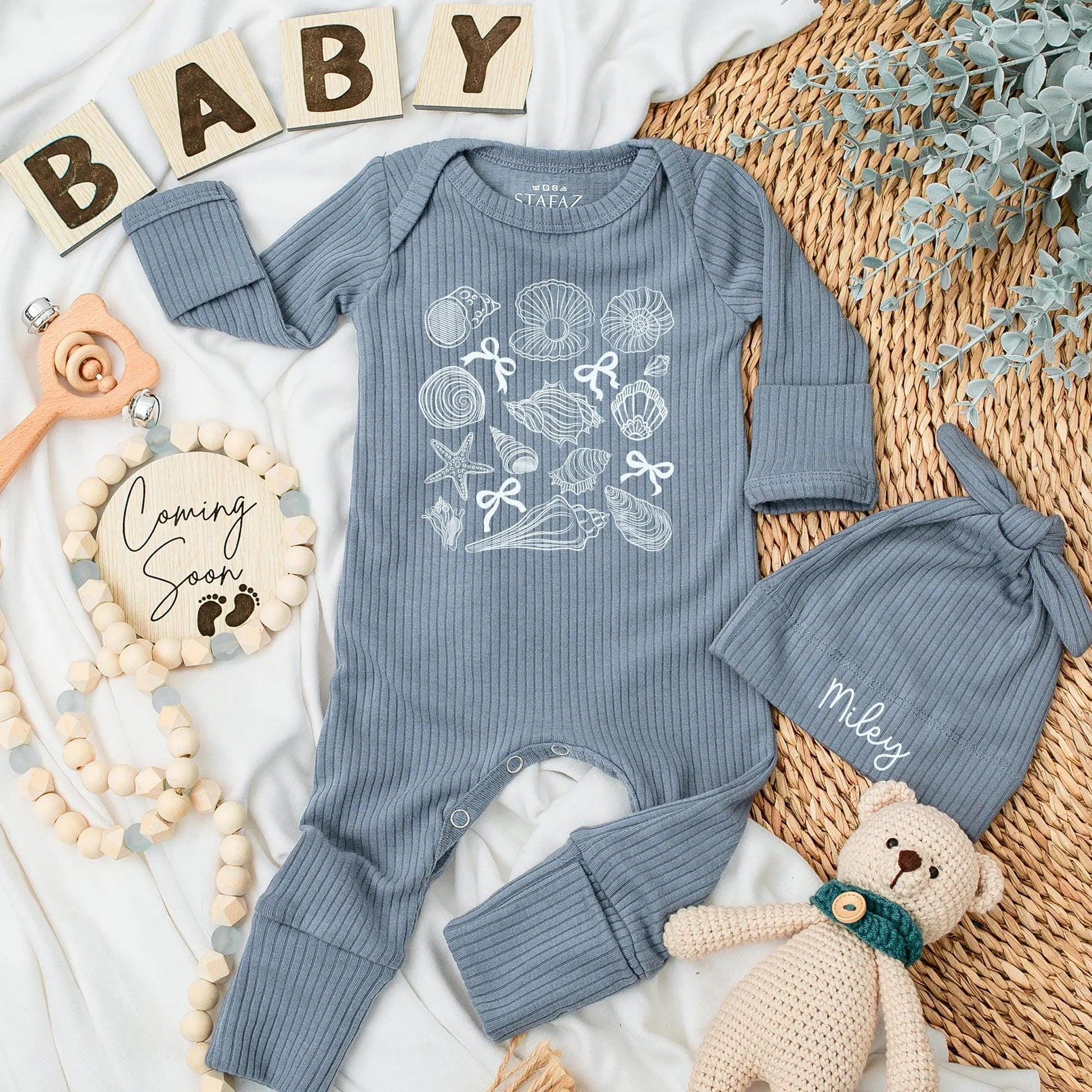 Personalized Light Blue Shells Bows Beach Baby Bodysuit Ocean Theme Newborn Girl Coming Home Romper Hand-Drawn Vintage Coastal Shower Gift