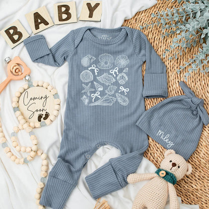 Personalized Light Blue Shells Bows Beach Baby Bodysuit Ocean Theme Newborn Girl Coming Home Romper Hand-Drawn Vintage Coastal Shower Gift