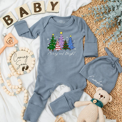Custom Merry and Bright Christmas Tree Baby Bodysuit colorful green pink purple blue trees yellow stars ornaments newborn gender neutral gift