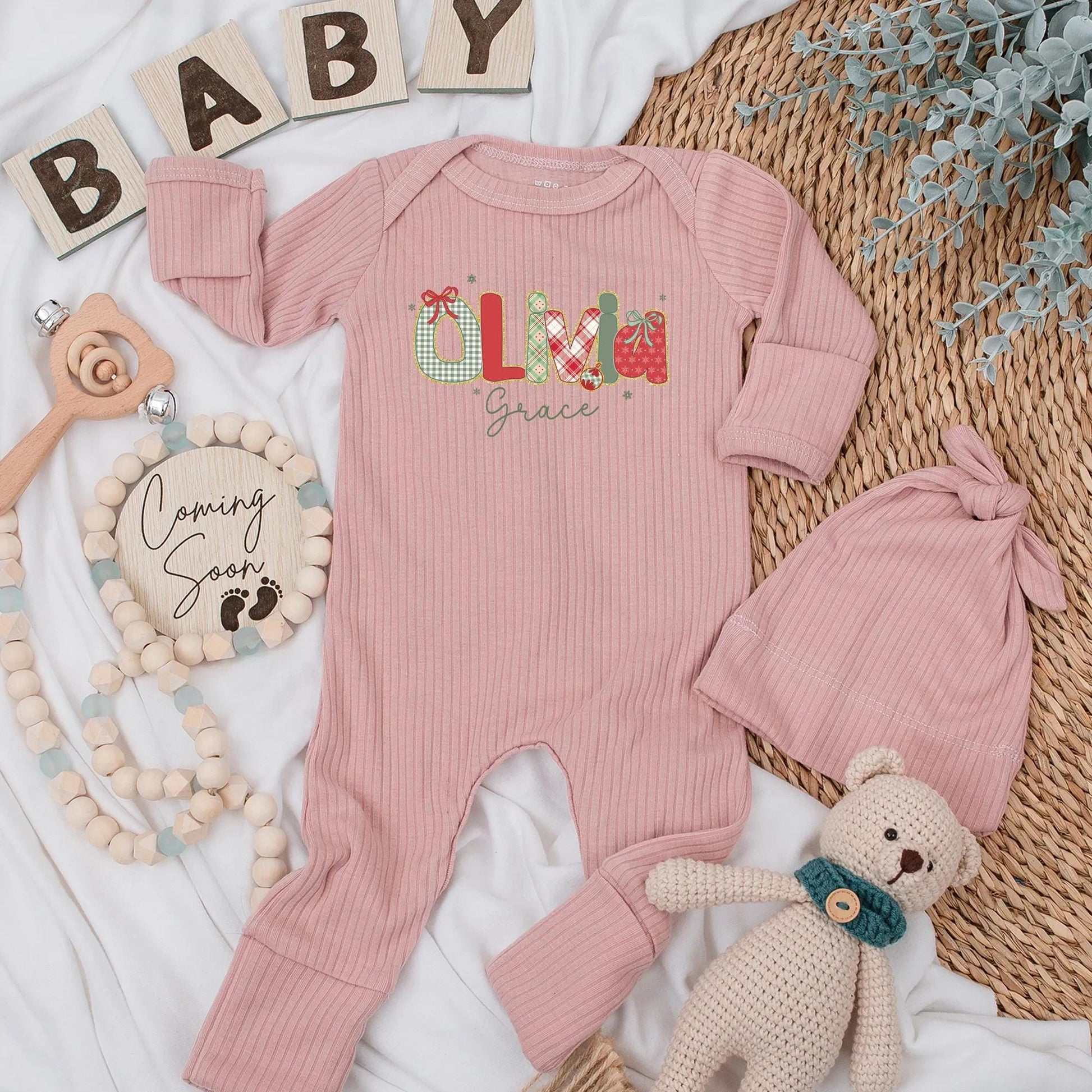 Personalized Christmas Baby Bodysuit featuring festive red green patterns like gingham plaid and polka dot letters for a newborn holiday outfit First Christmas gift