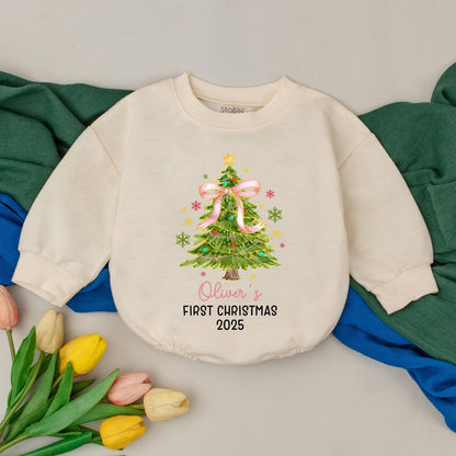 Personalized First Christmas Baby Girl Romper, Oliver's 2025 Tree Bodysuit, Custom Xmas Outfit, Pink Bow, Festive Winter Clothes Shower Gift 138