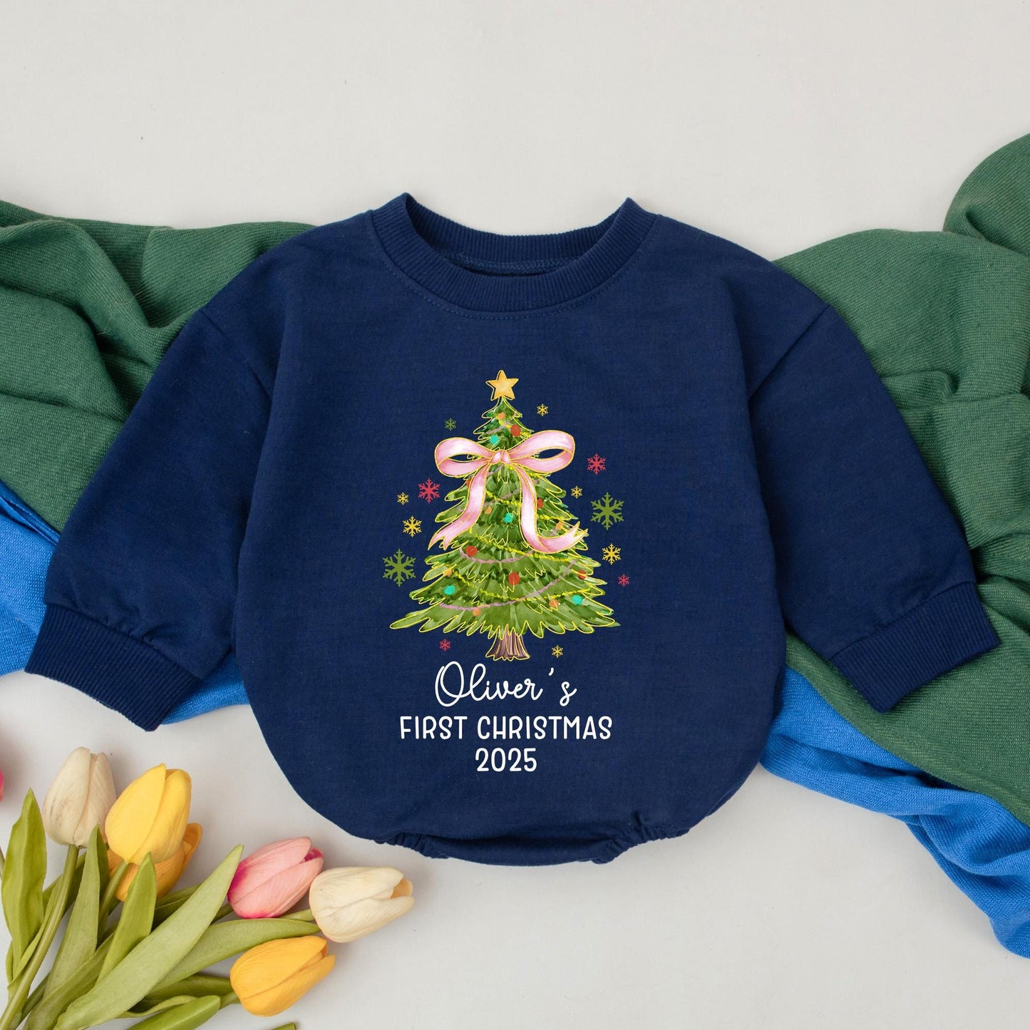 Personalized First Christmas Baby Girl Romper, Oliver's 2025 Tree Bodysuit, Custom Xmas Outfit, Pink Bow, Festive Winter Clothes Shower Gift 138