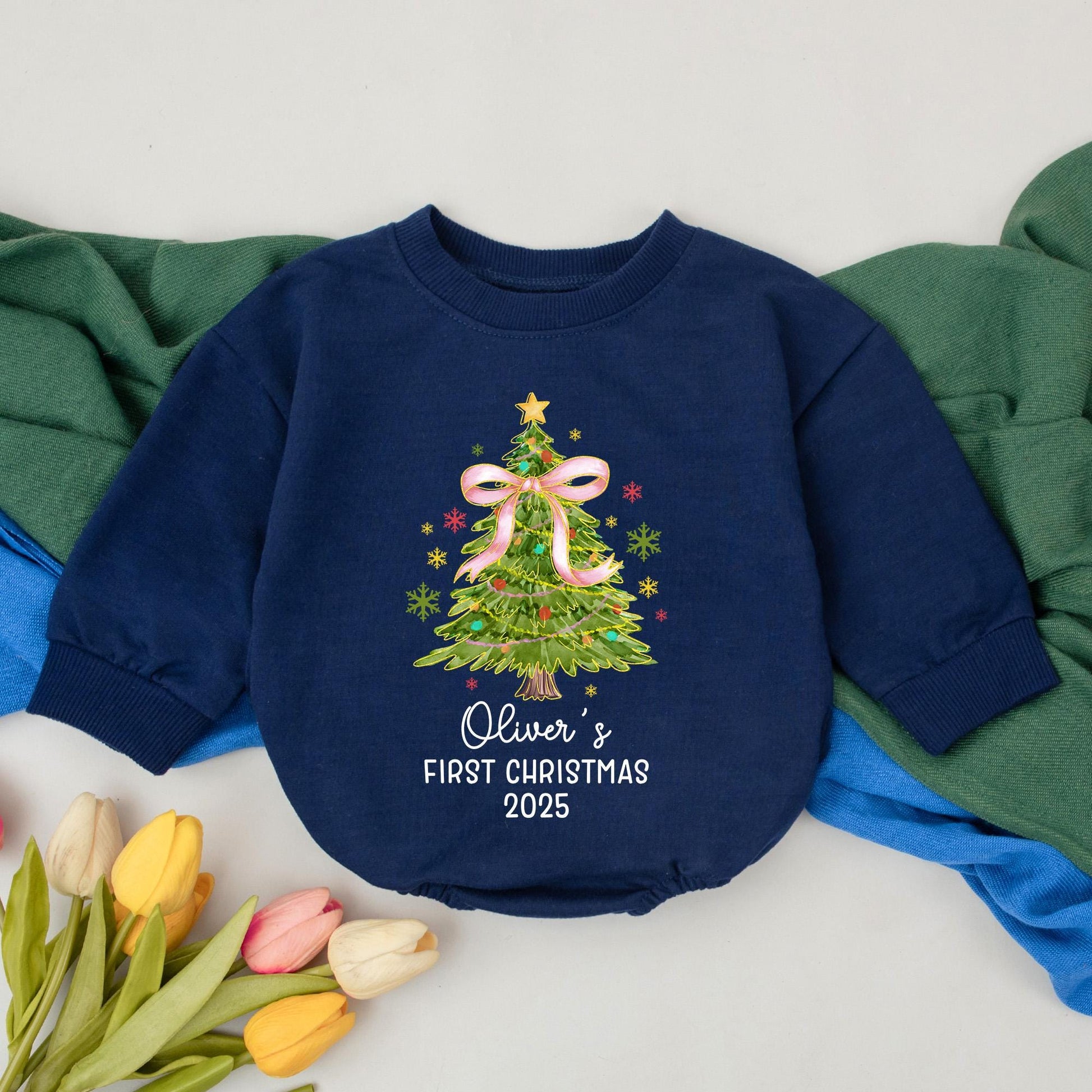 Personalized First Christmas Baby Girl Romper, Oliver's 2025 Tree Bodysuit, Custom Xmas Outfit, Pink Bow, Festive Winter Clothes Shower Gift 138