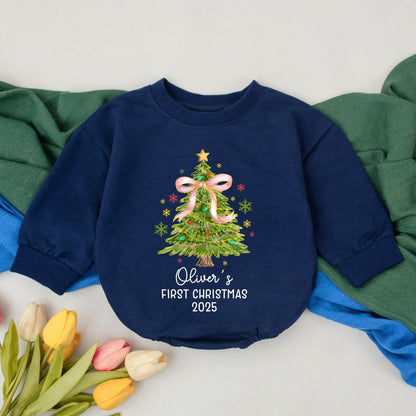 Personalized First Christmas Baby Girl Romper, Oliver's 2025 Tree Bodysuit, Custom Xmas Outfit, Pink Bow, Festive Winter Clothes Shower Gift 138