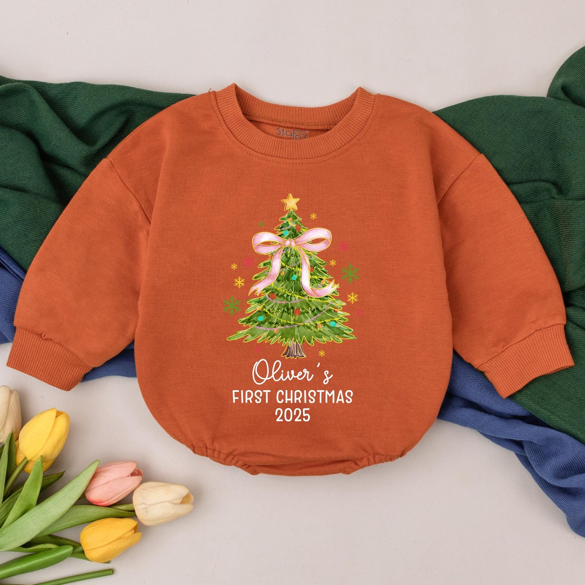 Personalized First Christmas Baby Girl Romper, Oliver's 2025 Tree Bodysuit, Custom Xmas Outfit, Pink Bow, Festive Winter Clothes Shower Gift 138