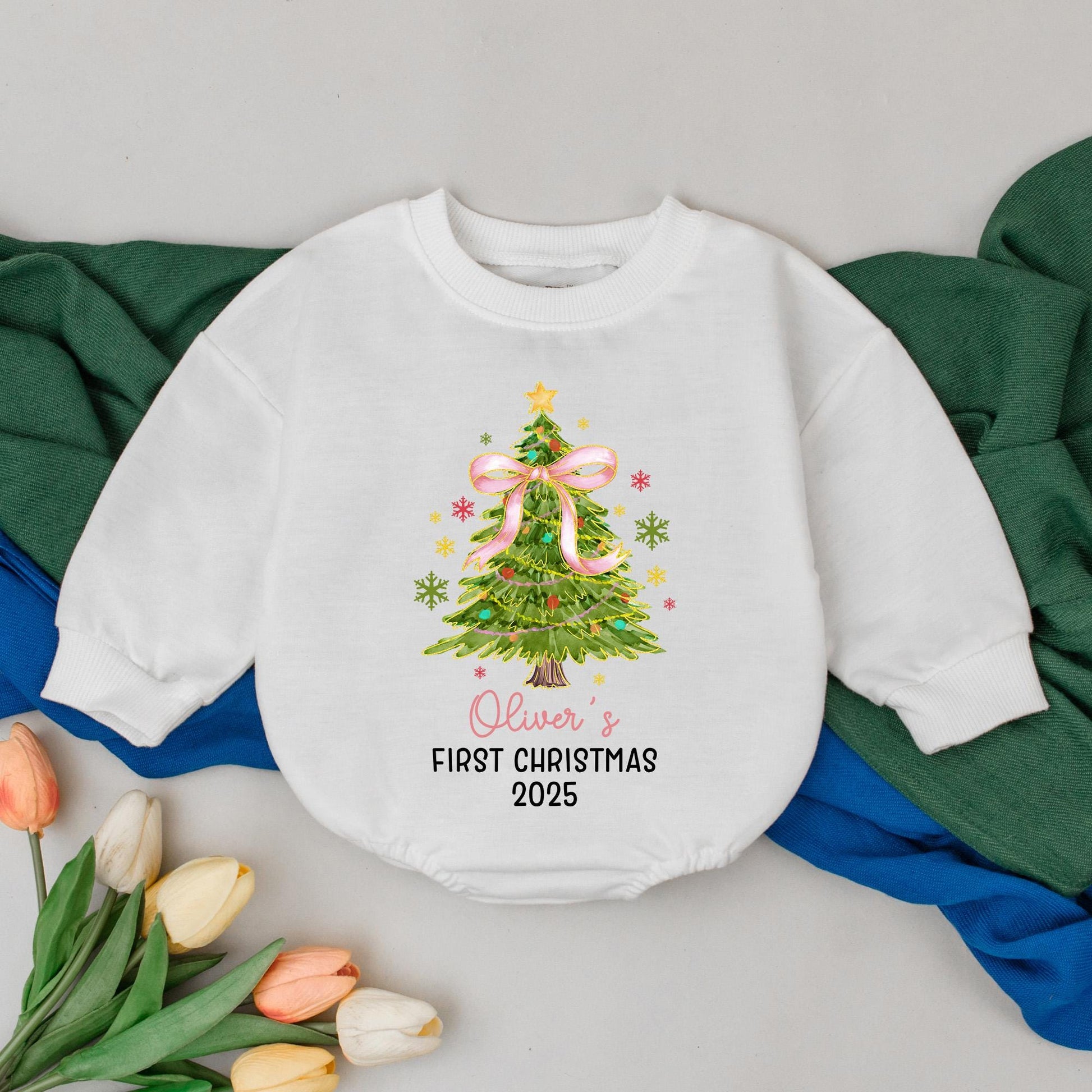 Personalized First Christmas Baby Girl Romper, Oliver's 2025 Tree Bodysuit, Custom Xmas Outfit, Pink Bow, Festive Winter Clothes Shower Gift 138