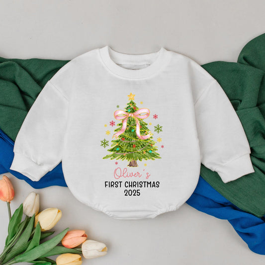 Personalized First Christmas Baby Girl Romper, Oliver's 2025 Tree Bodysuit, Custom Xmas Outfit, Pink Bow, Festive Winter Clothes Shower Gift 138