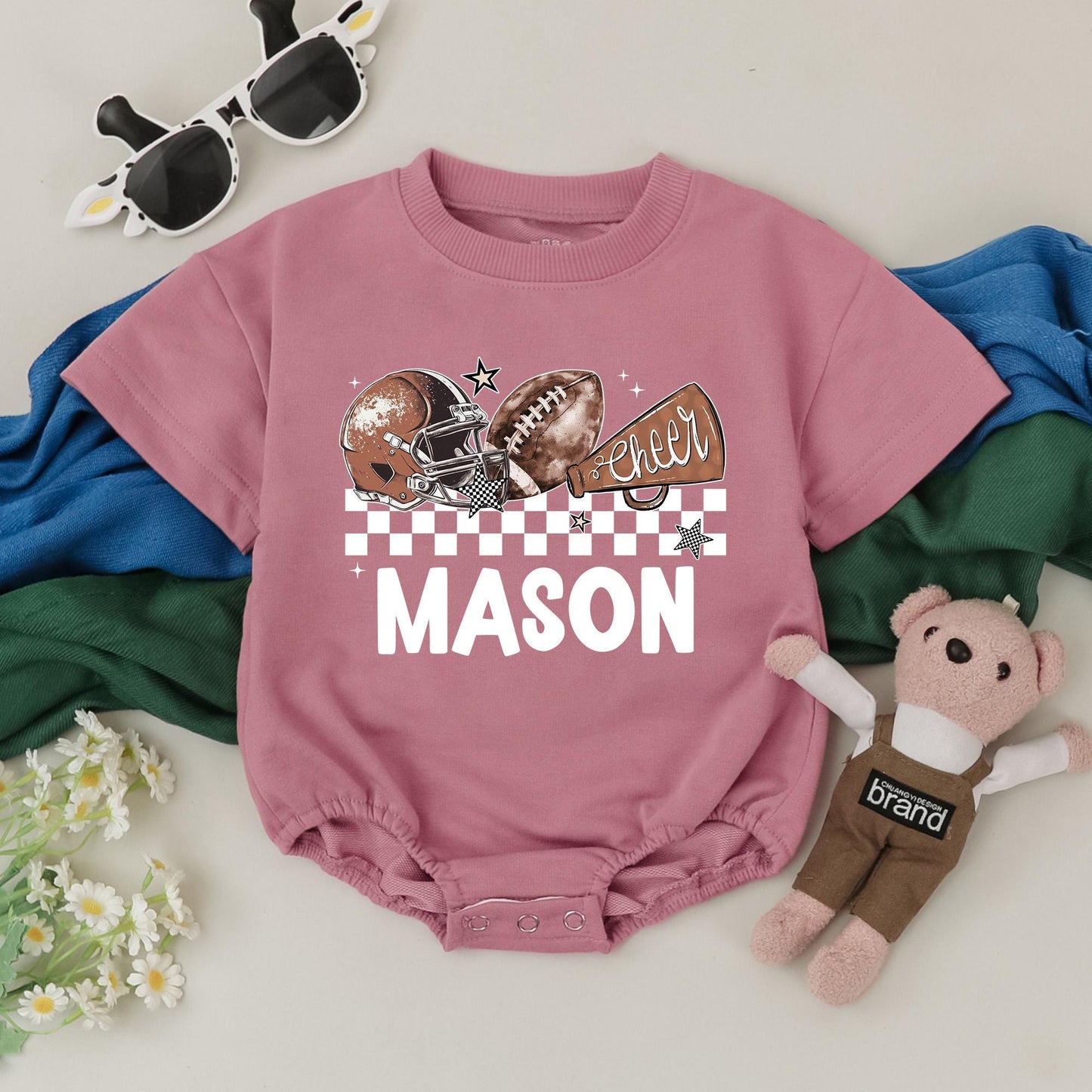 Mason Game Day Football Romper Baby Boy Outfit Personalized Retro Helmet Design Newborn Gift Custom Baby Shower Season Clothes