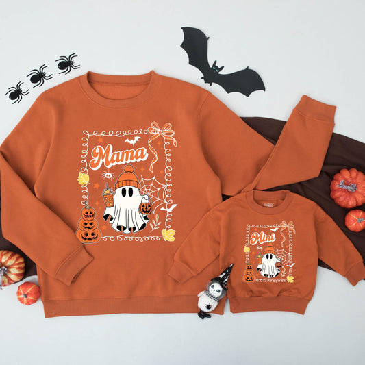 Mama and Mini Retro Halloween Matching Sweatshirts with Whimsical Ghost, Stacked Pumpkins, Bat and Spiderweb Design Vintage Fall Cozy Family Apparel