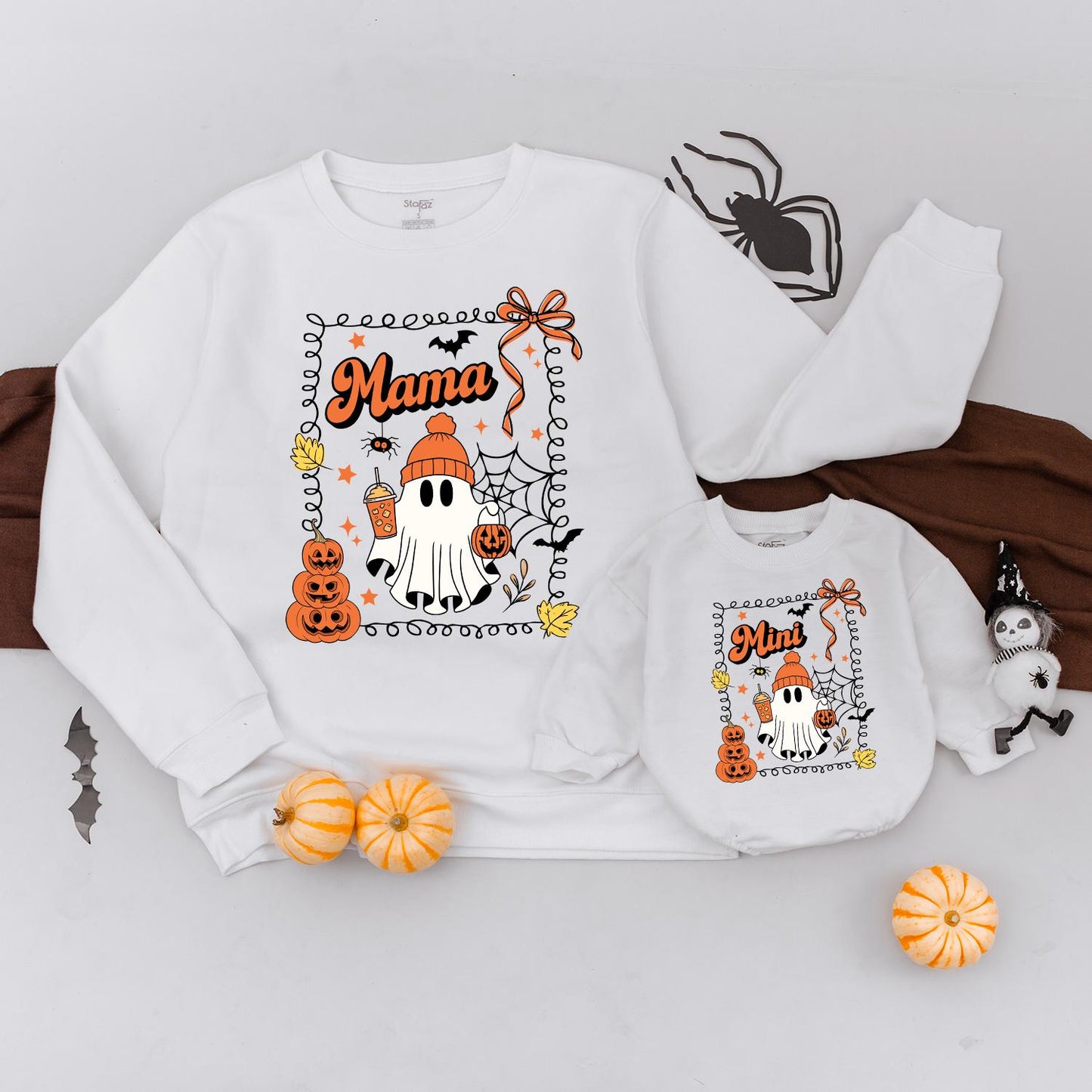 Mama and Mini Retro Halloween Matching Sweatshirts with Whimsical Ghost, Stacked Pumpkins, Bat and Spiderweb Design Vintage Fall Cozy Family Apparel