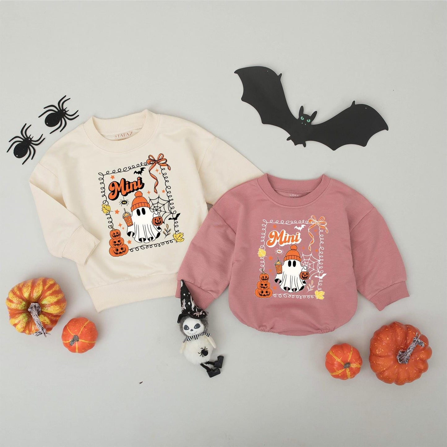 Mama and Mini Retro Halloween Matching Sweatshirts with Whimsical Ghost, Stacked Pumpkins, Bat and Spiderweb Design Vintage Fall Cozy Family Apparel