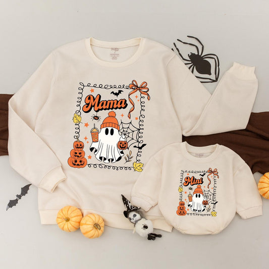 Mama and Mini Retro Halloween Matching Sweatshirts with Whimsical Ghost, Stacked Pumpkins, Bat and Spiderweb Design Vintage Fall Cozy Family Apparel