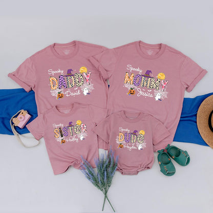 Personalized Spooky Matching Halloween Family Shirts with Names Retro Pumpkins Ghosts Spiderwebs Witch Hat Fall Fun Outfits