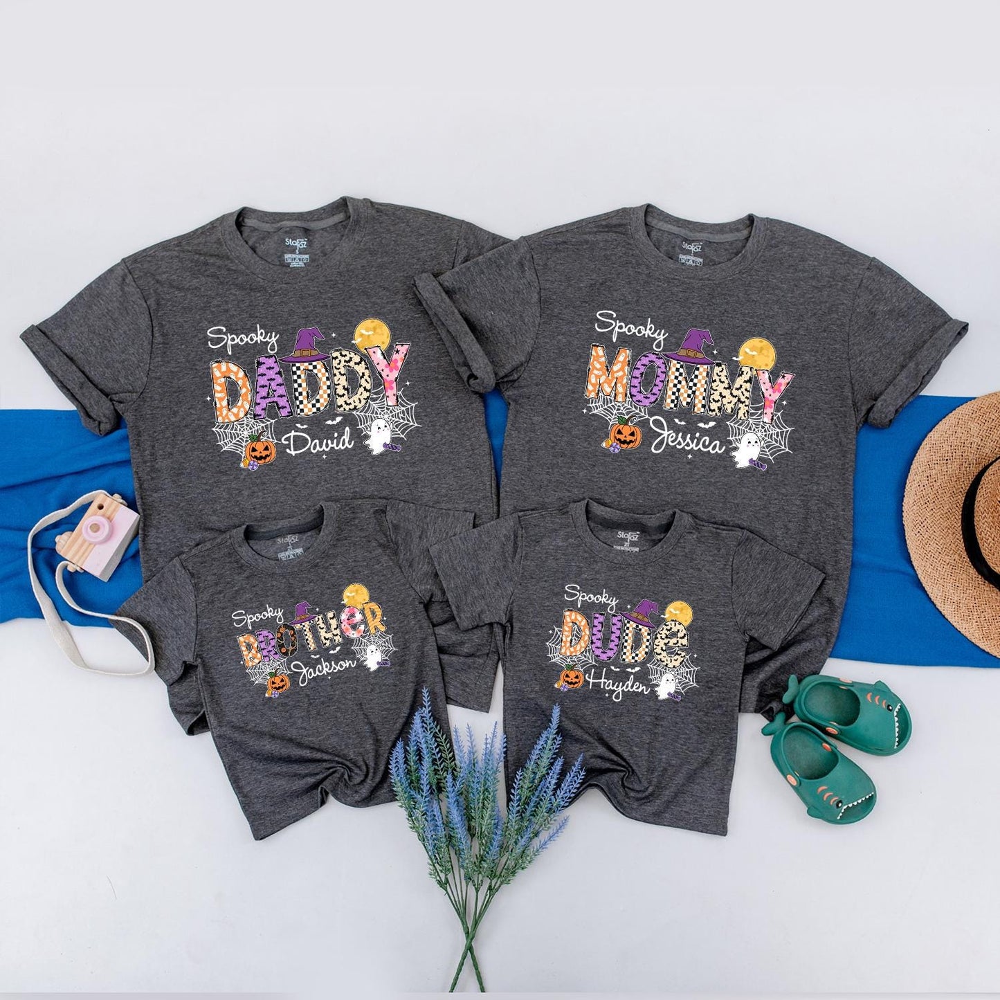 Personalized Spooky Matching Halloween Family Shirts with Names Retro Pumpkins Ghosts Spiderwebs Witch Hat Fall Fun Outfits