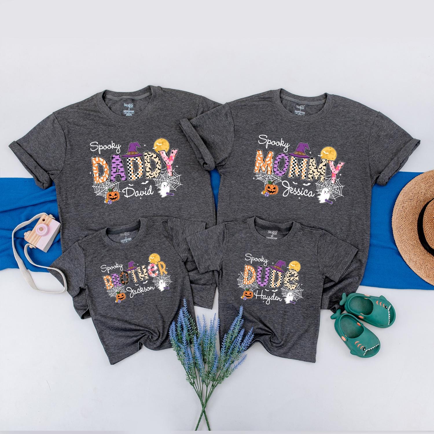Personalized Spooky Matching Halloween Family Shirts with Names Retro Pumpkins Ghosts Spiderwebs Witch Hat Fall Fun Outfits