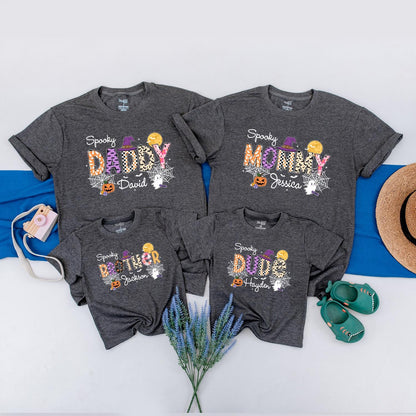 Personalized Spooky Matching Halloween Family Shirts with Names Retro Pumpkins Ghosts Spiderwebs Witch Hat Fall Fun Outfits