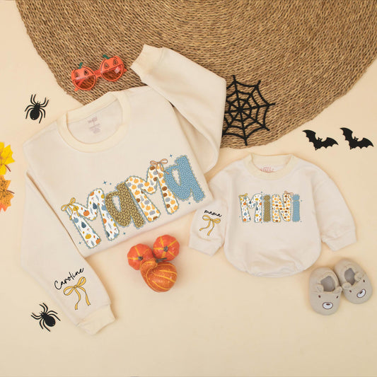 Custom Blue Pumpkin Mama and Mini Matching Fall Sweatshirts with Personalized Script Name and Bow Accents, Thanksgiving Mom and Me Outfits for Toddlers and Babies