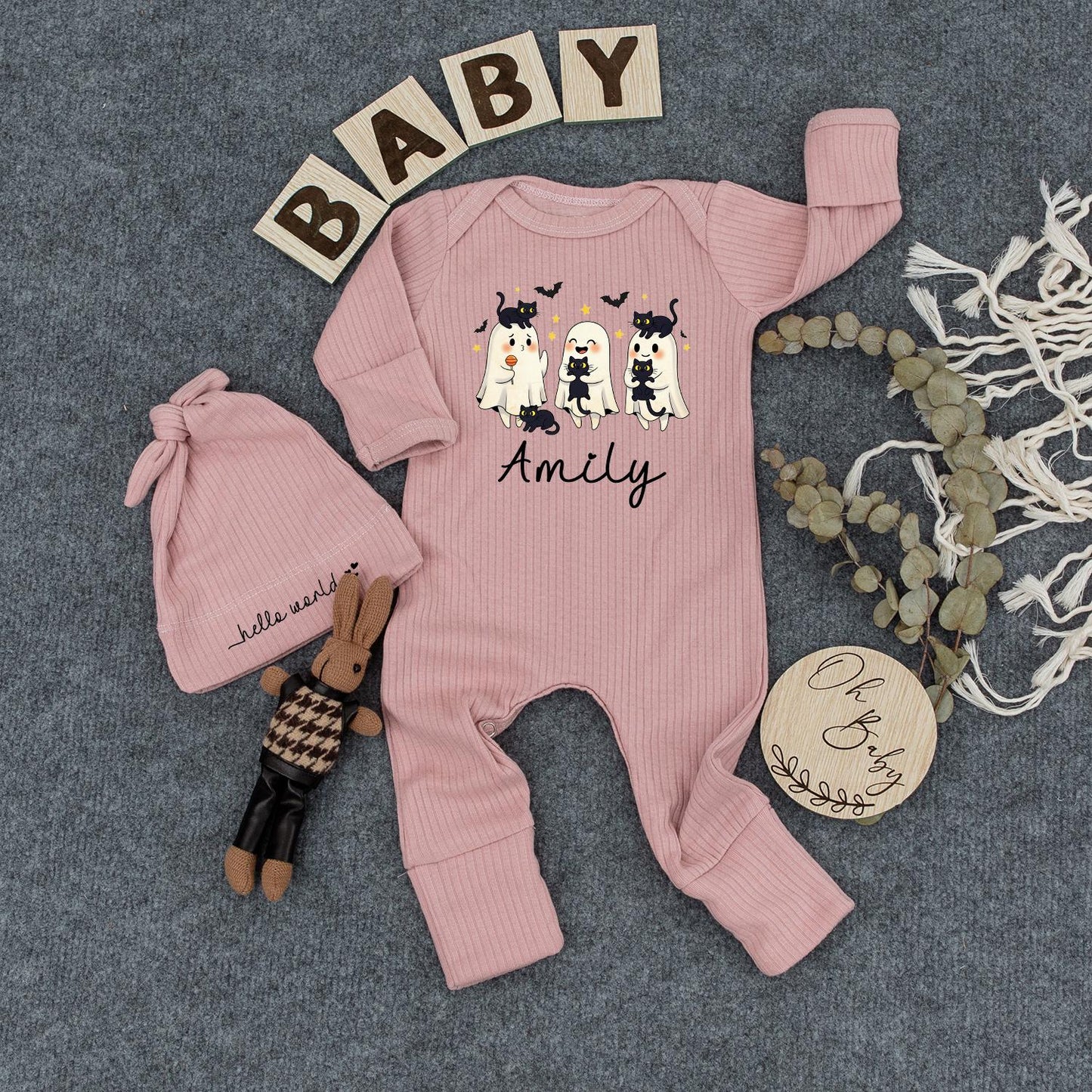 Personalized Halloween Baby Romper Outfit with Cute Ghosts Black Cats Bats Stars Amily Name Newborn Infant Girl Boy Fall Gift